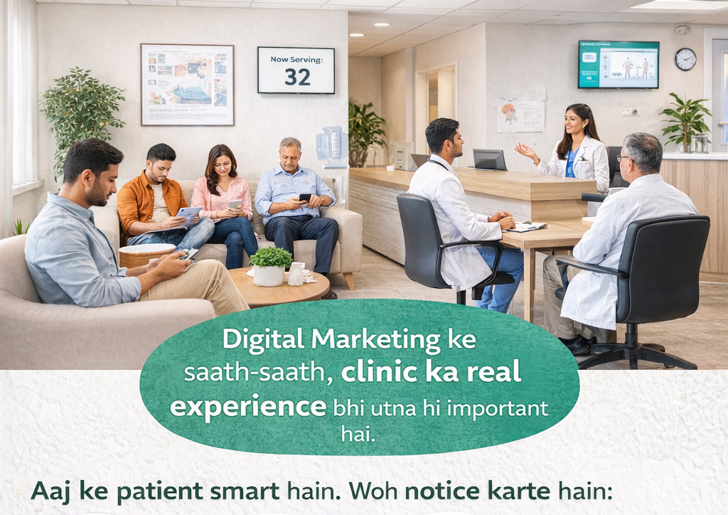 Clinic patient experience showing waiting room, doctor consultation, staff behavior and impact on online reviews