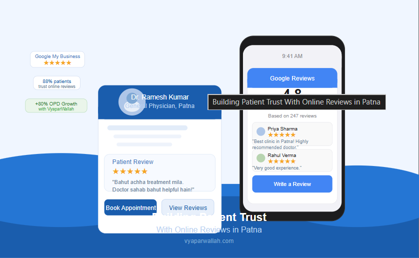 Patient giving 5-star Google review to a clinic in Patna Bihar on smartphone showing online trust signals