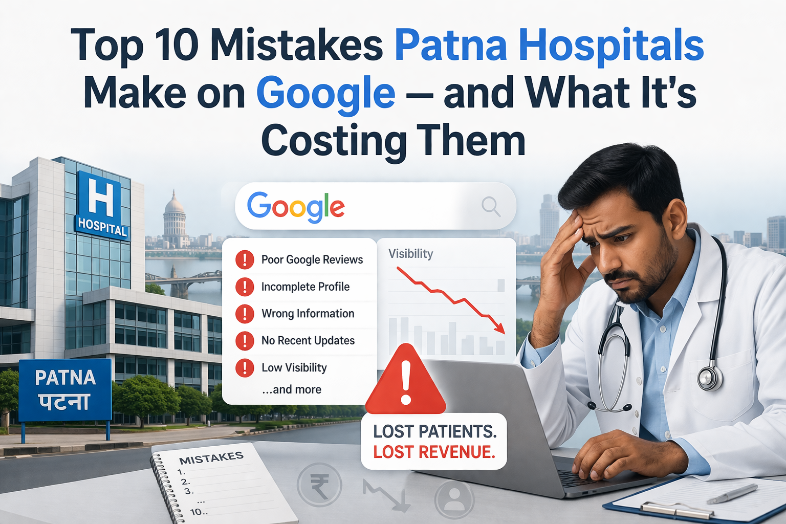 Patna hospitals making common Google mistakes like poor reviews, incomplete profiles, and low visibility leading to lost patients and revenue