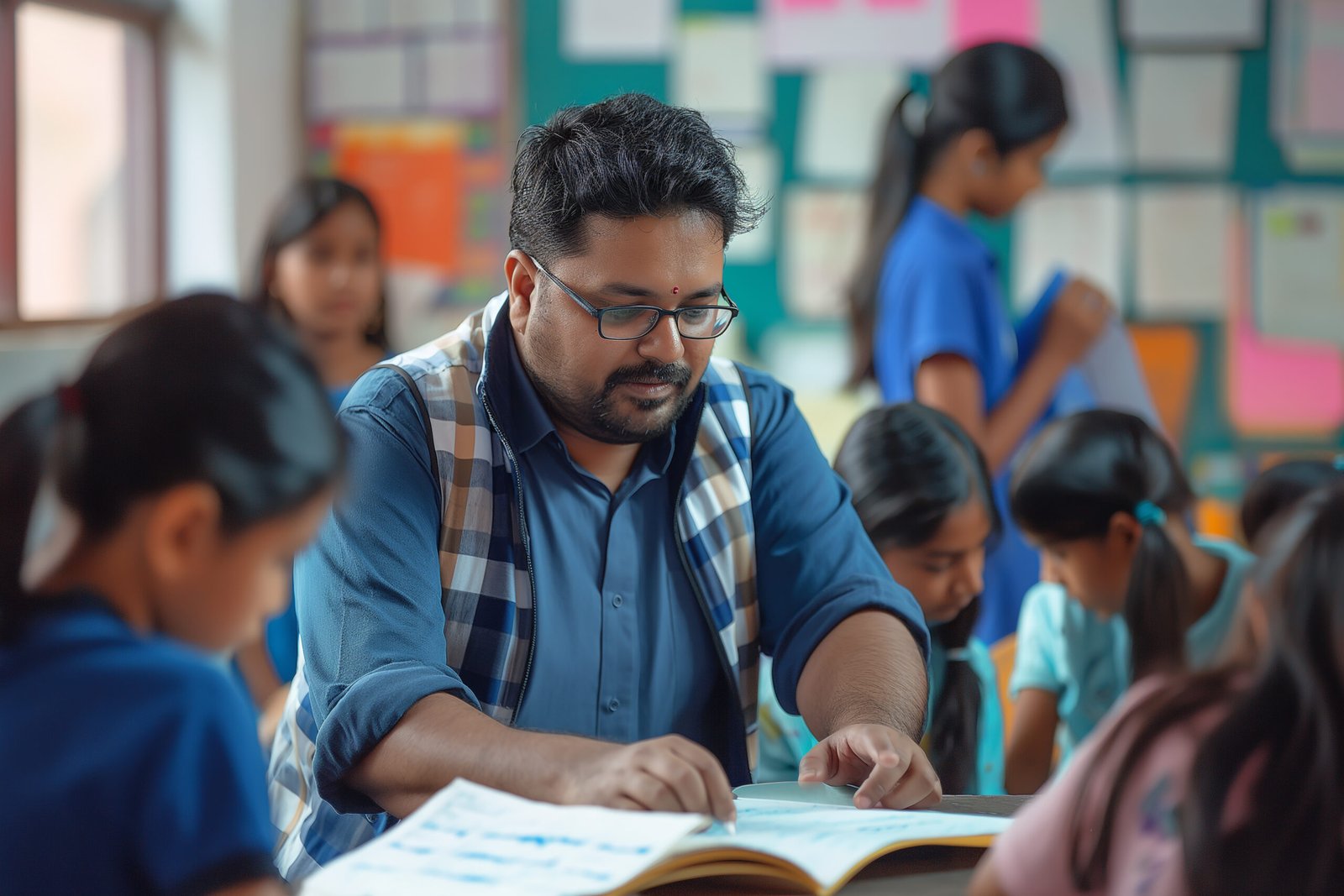 Indian school classroom with students and teacher showing modern education environment