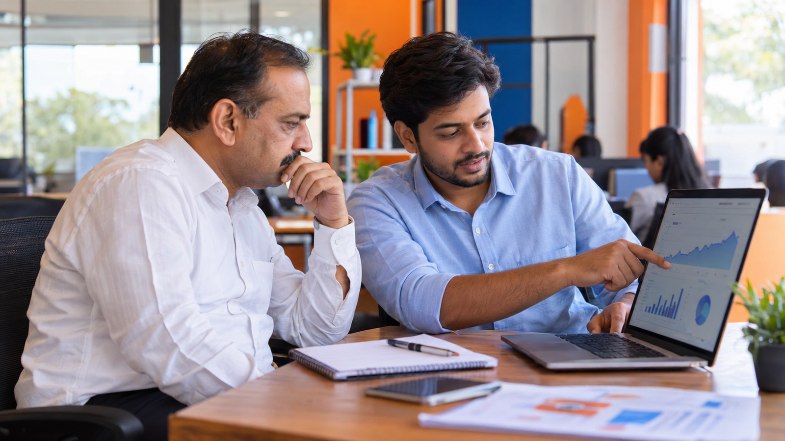 Indian SEO consultant discussing website performance and digital marketing strategy with a business owner.