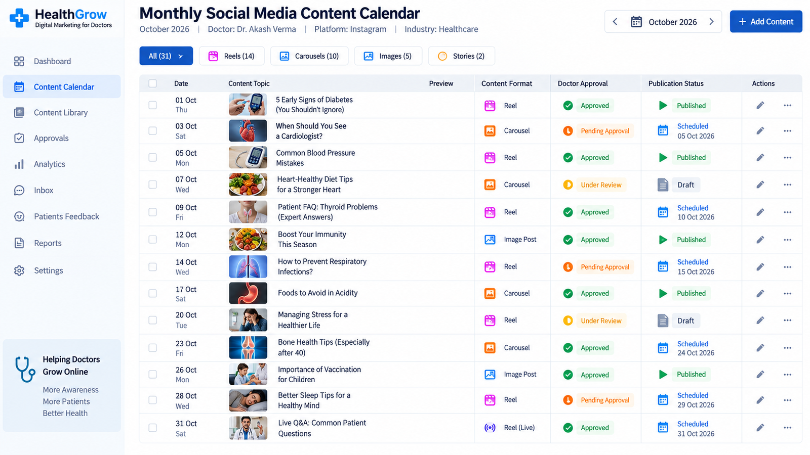 Manage medical social media posts with a monthly content calendar