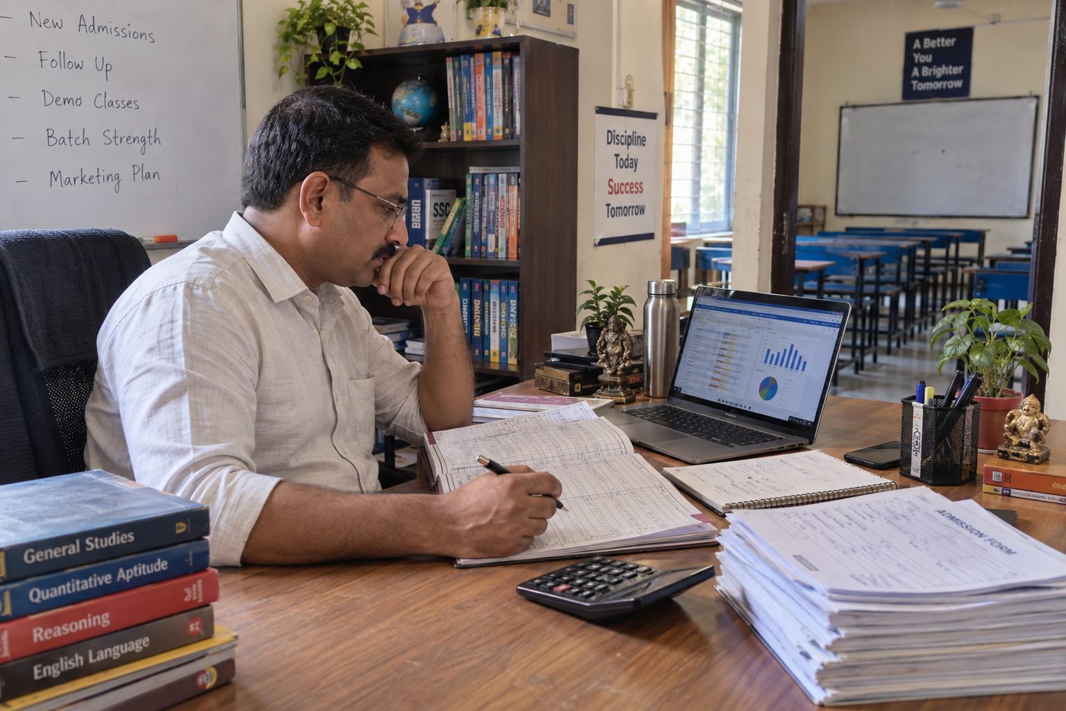 Indian coaching institute owner reviewing student admission records and digital marketing ROI in Patna