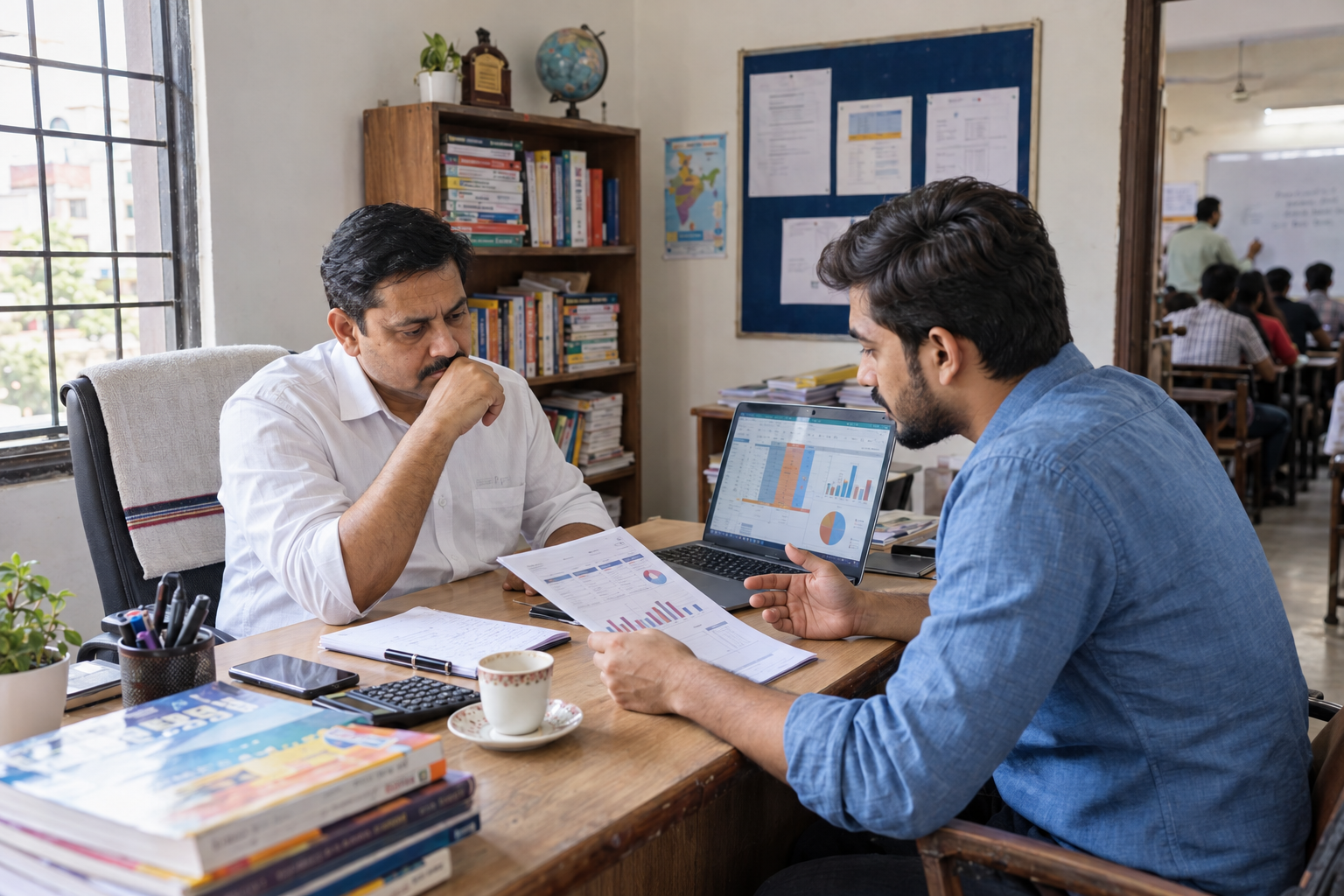 Coaching institute owner discussing digital marketing package pricing with an agency consultant in Patna