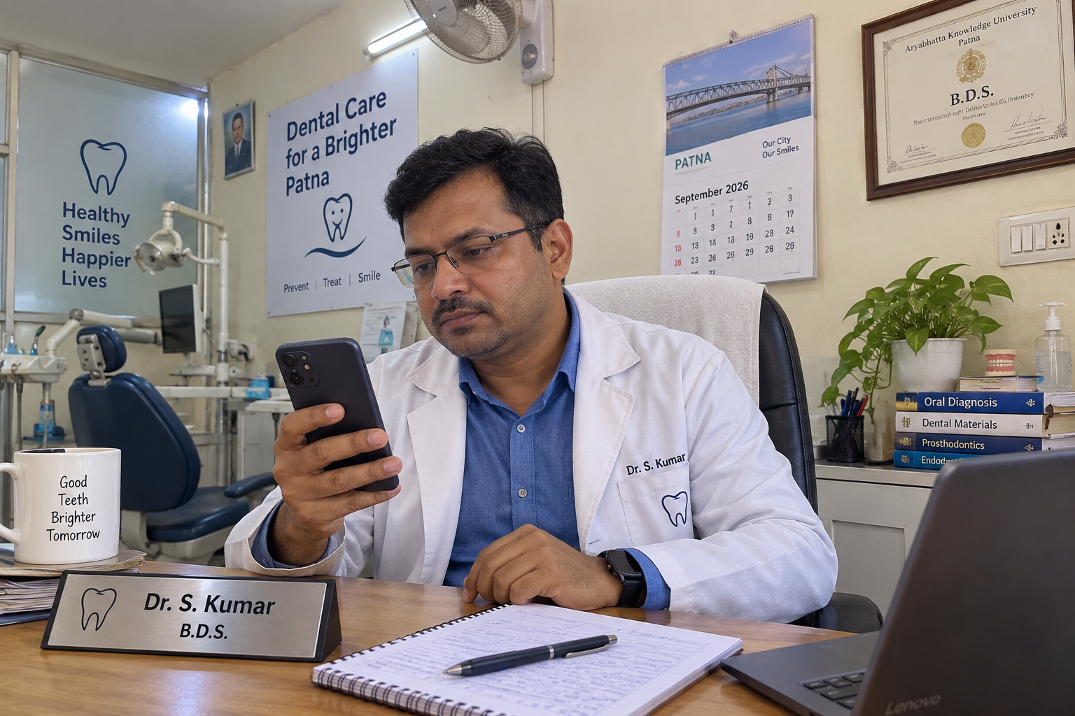 Indian dentist checking clinic profile on smartphone in Patna clinic.