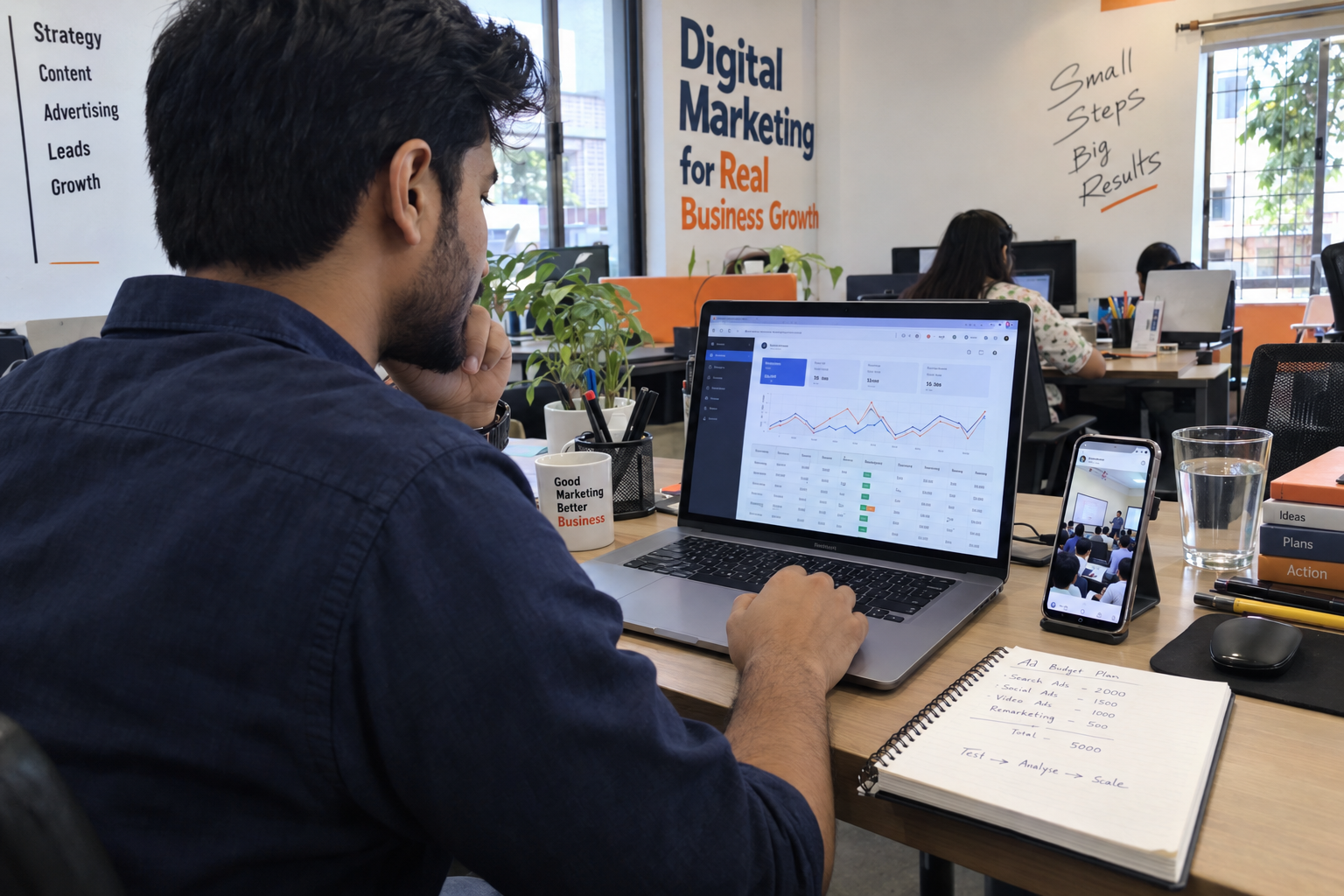 Digital marketing professional reviewing Google and Facebook advertising budgets for an Indian coaching institute