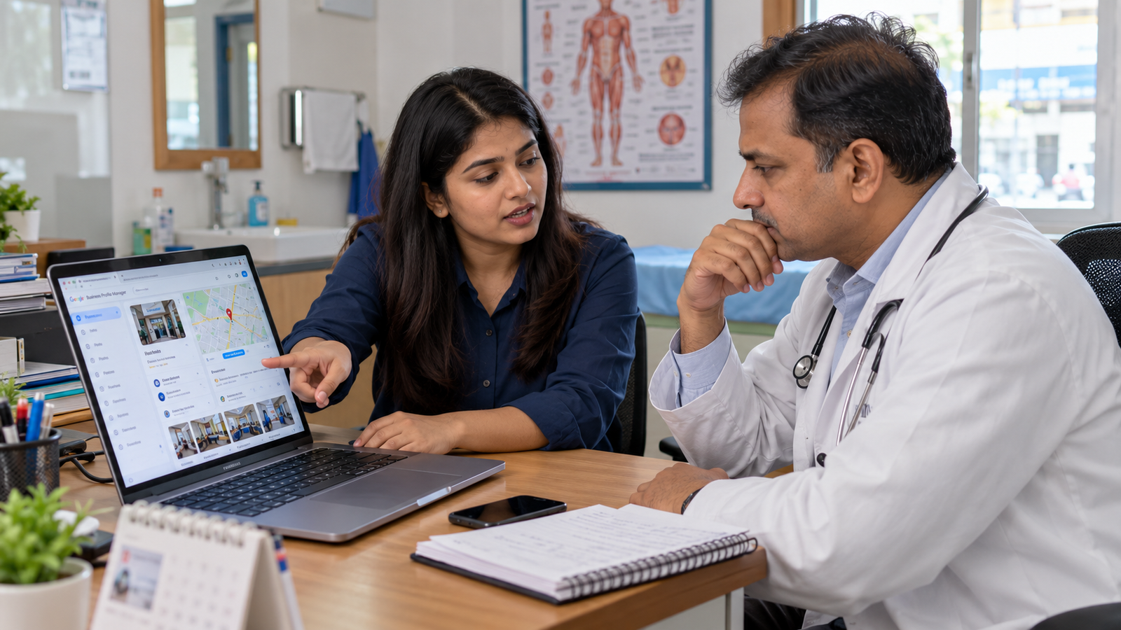 Indian doctor reviewing clinic Google Business Profile information and local SEO settings with a digital marketing consultant.