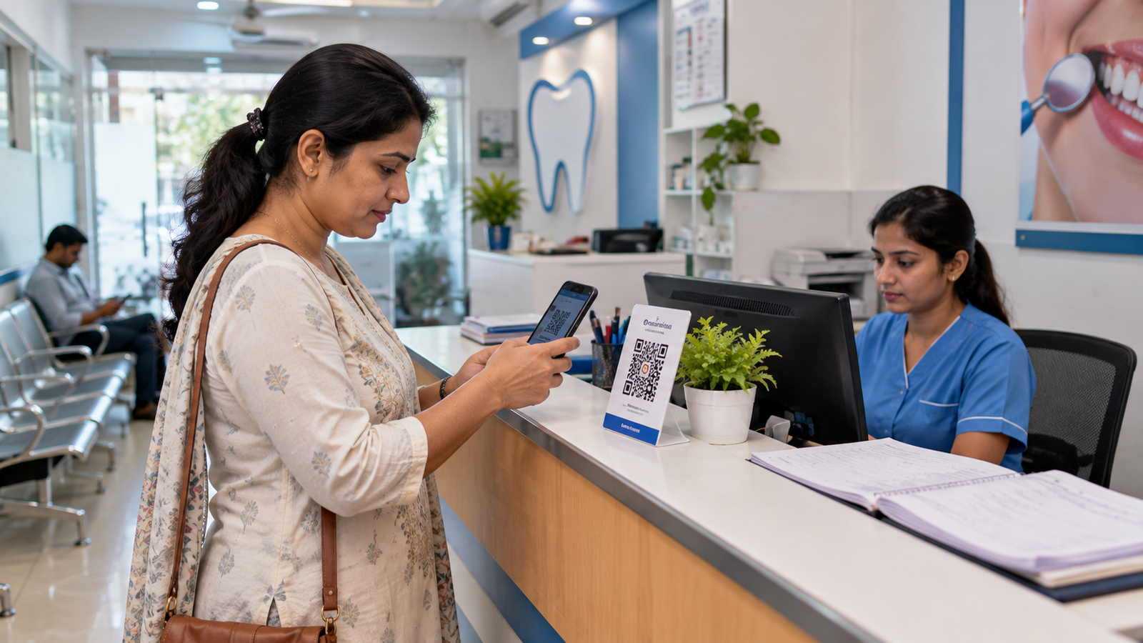 Indian patient scanning a feedback QR code at a clinic reception desk after a healthcare visit.