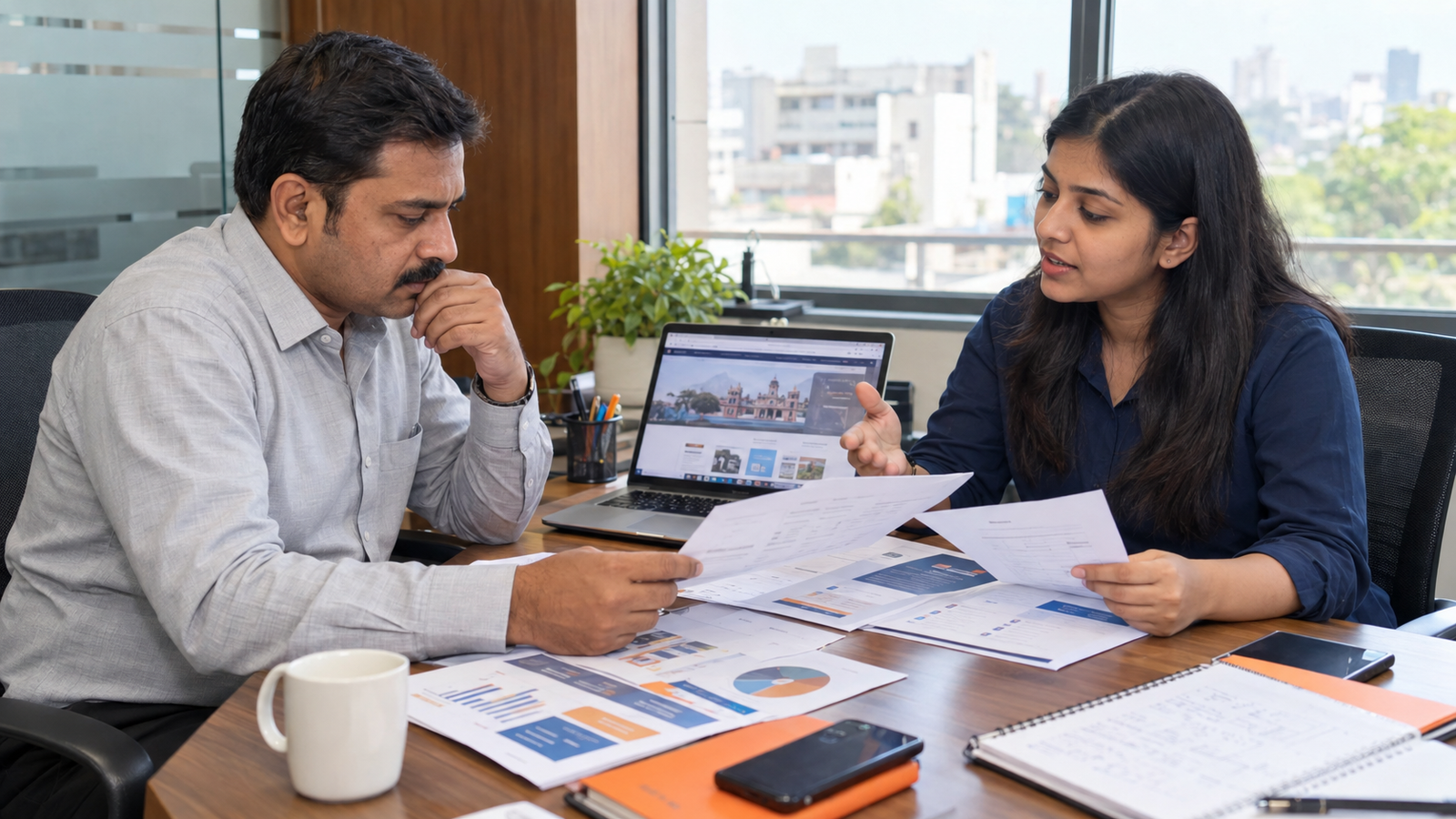 Indian business owner reviewing SEO agency proposals and digital marketing service packages with a consultant in Patna.