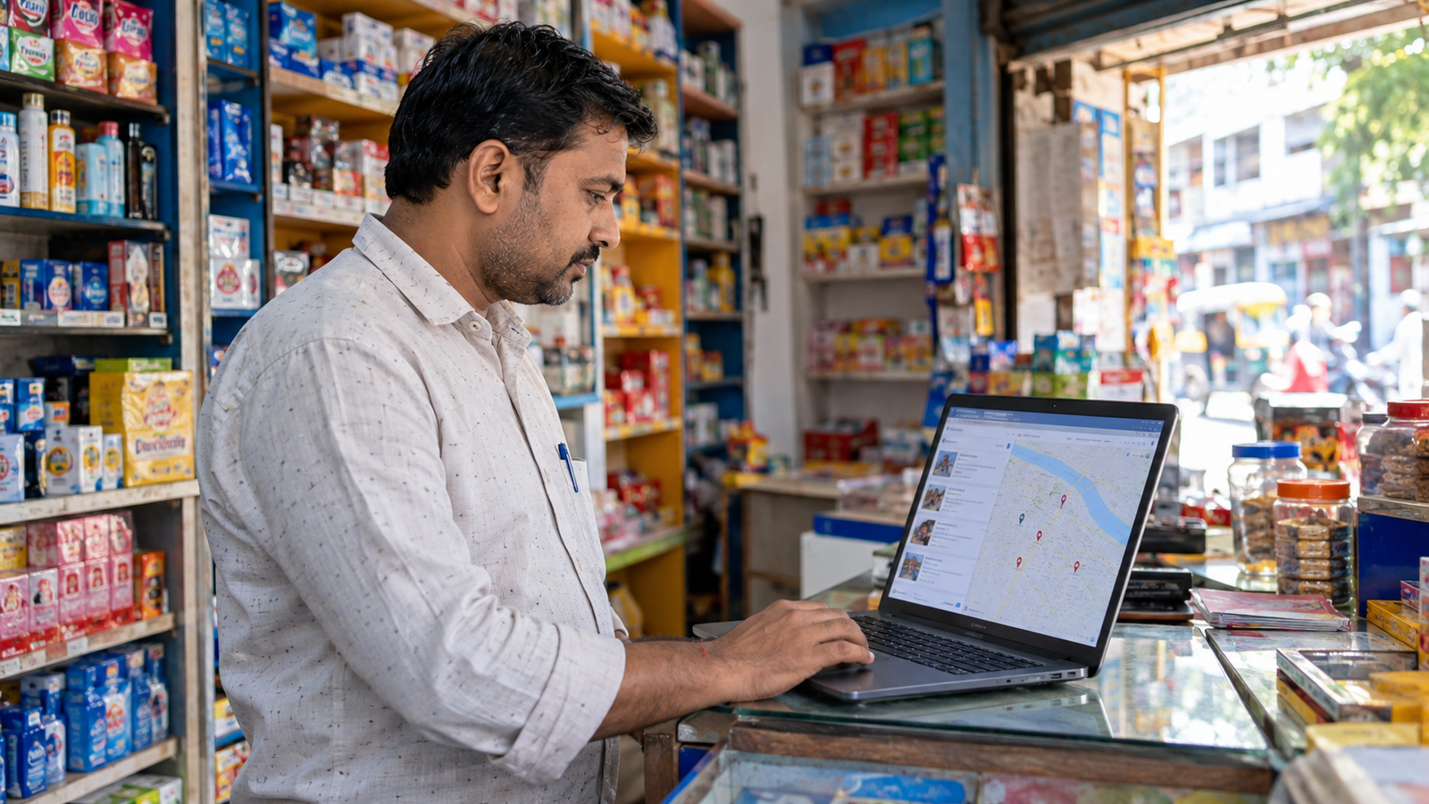 Small business owner in Patna checking local search results and online business visibility on a laptop.