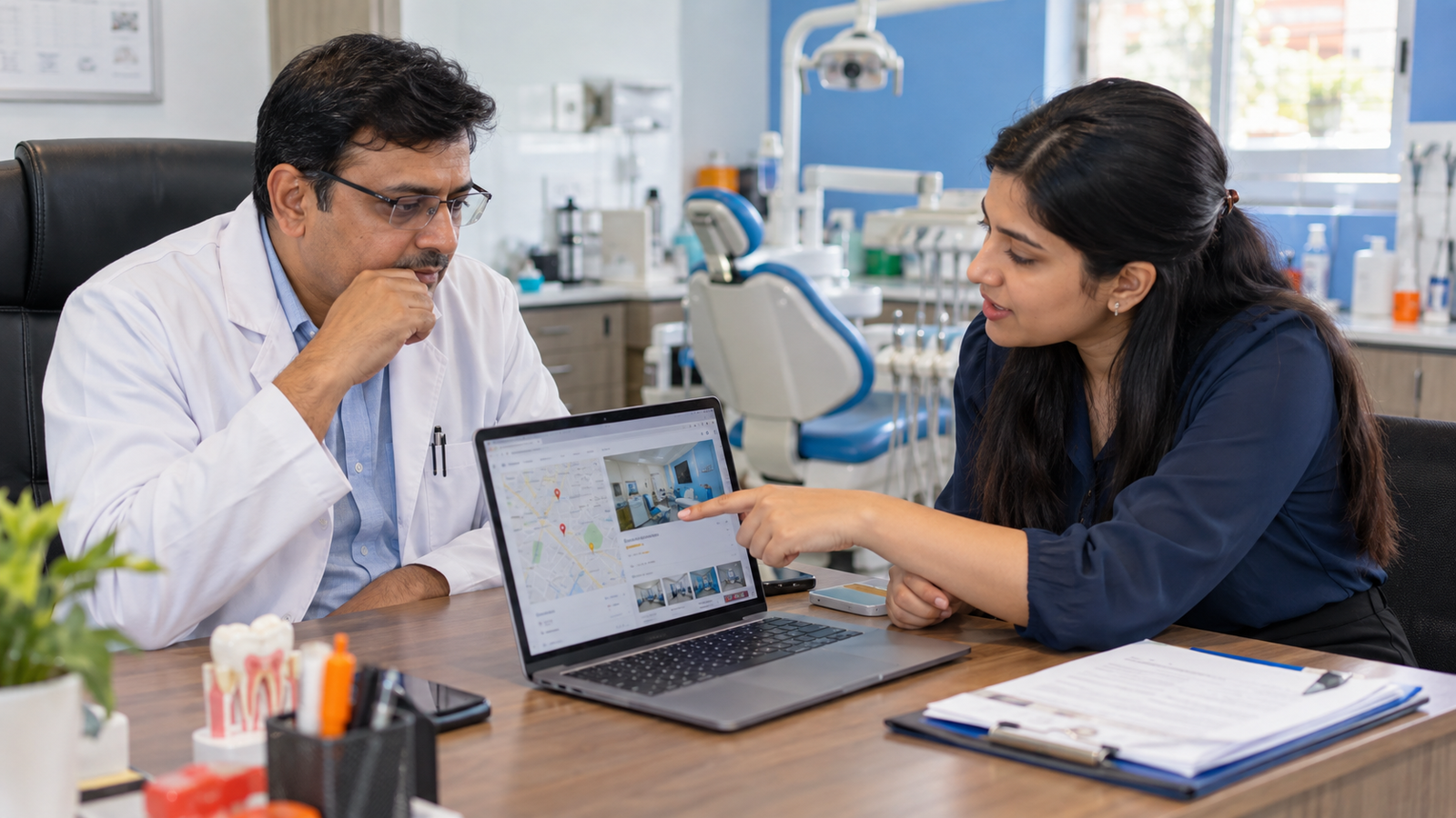 ndian doctor reviewing clinic website visibility and local SEO strategy with a digital marketing consultant.