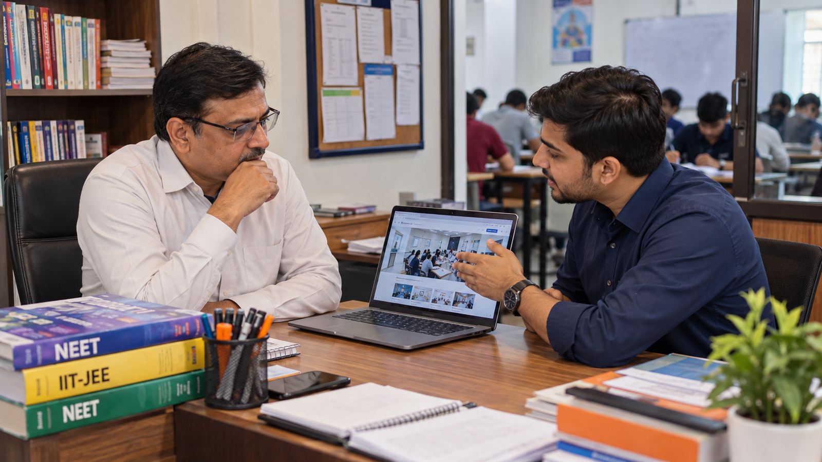 Indian coaching institute director discussing website SEO and online student admission strategy with a digital marketing consultant in Patna.