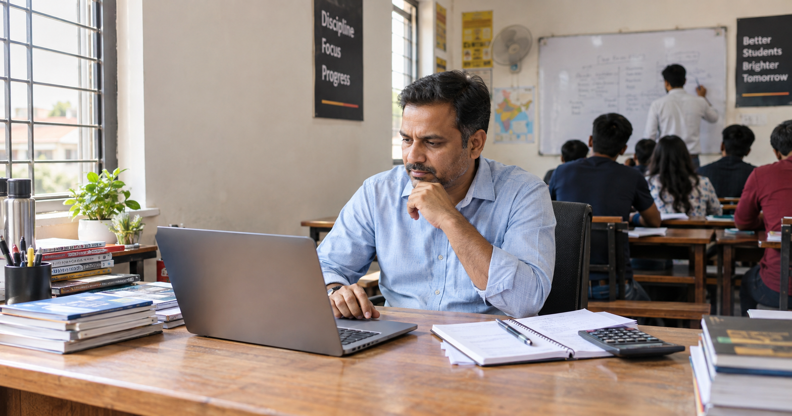 Indian coaching institute owner reviewing digital marketing costs and monthly advertising budget in Patna
